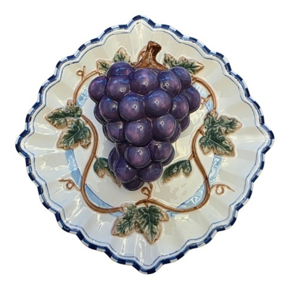 Vintage 3D Embossed Grape Cluster Ceramic Decorative Plate Wall Hanging Kitchen